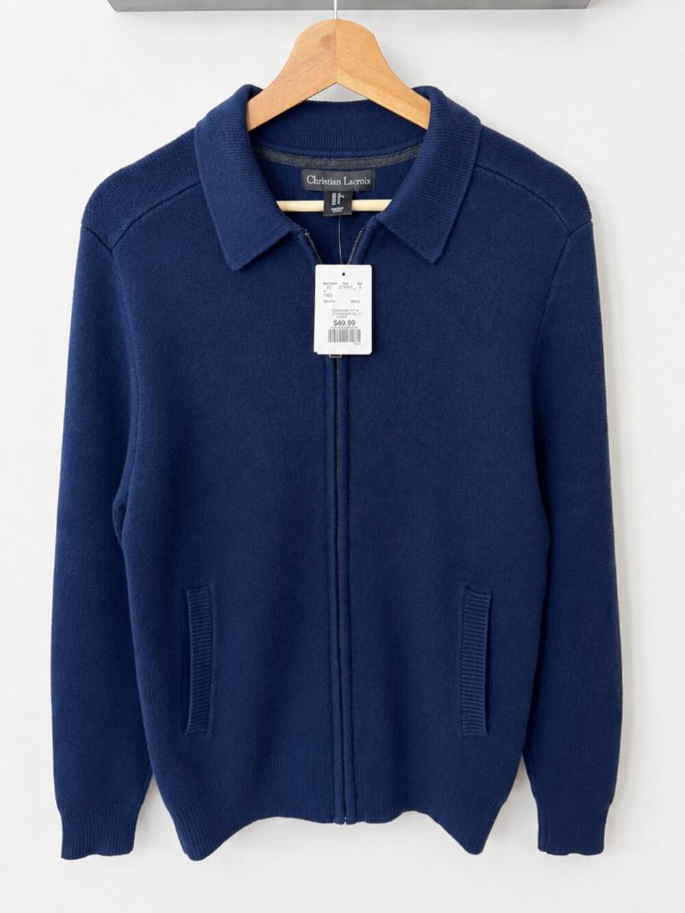Christian Lacroix Men Medium Full Zip Knit Sweater Cardigan Blue Soft Touch